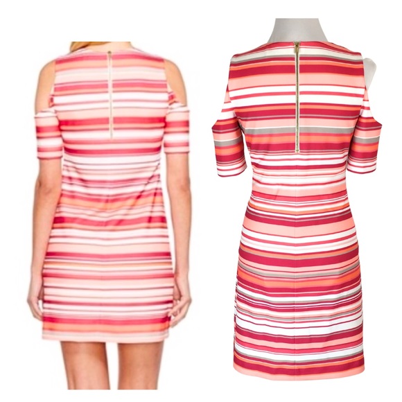 Calvin Klein HIBISCUS Pink Orange Striped Cold Shoulder A-Line Midi Dress size 6 - Picture 10 of 16